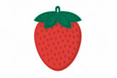 A strawberry-shaped red and green product shown on a white background with dimension labels indicating 21 cm height and 15.5 cm width.