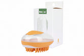 A zesty mandarin orange 2-in-1 pet shampoo bath brush showing its soft silicone scrubbing bristles and built-in liquid soap dispenser chamber.