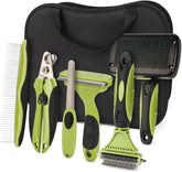 6-piece pet grooming kit with brushes, combs, nail clippers and file in green and black for dogs and cats