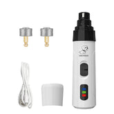 Electric pet nail grinder set displayed with two diamond grinding heads, a USB charging cable, and a protective cap.