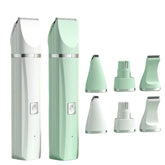 White electric pet grooming kit featuring rechargeable trimmer and multiple detachable clipper heads for dog and cat grooming