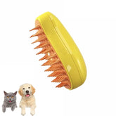 Yellow pet grooming brush with orange rubber bristles for shedding and massage.