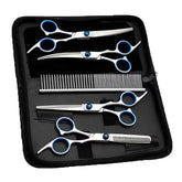 A complete pet grooming scissors set displayed in a black case, featuring curved shears, straight shears, thinning scissors, and a stainless steel comb.