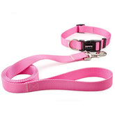 Pink dog collar and leash set on a white background