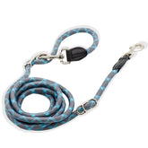 Gray and blue reflective rope dog leash with adjustable loop handle and durable metal hardware.