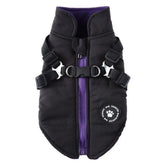 Onyx Black and Amethyst winter pet coat with a built-in adjustable harness system and high-loft synthetic down padding