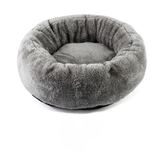 Silver Mist grey plush round pet cushion showing the deep nesting area for calming pets.