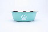 Blue double-layer stainless steel dog and cat bowl with anti-slip base,
