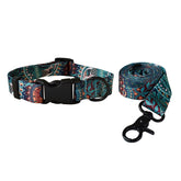 An intricate teal, maroon, and gold bohemian mandala printed dog collar and matching leash set with a matte black metal swivel hook.