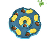An arctic azure dark blue and cyan cat and dog food puzzle IQ dispenser featuring a 24x24cm round non-slip board layout.