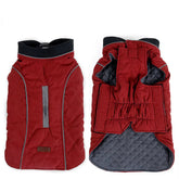 Deep red insulated dog vest featuring high-visibility reflective piping for night safety.