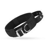 A heavy-duty stealth black adjustable nylon dog collar displaying its secure metal rivet reinforcement design and high-visibility safety reflective strip.