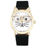 A fashion leopard print women's quartz watch featuring a midnight leopard onyx black faux leather band, a polished round alloy case, and a cute cat silhouette dial layout.