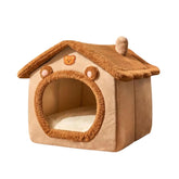 Mocha Cabin brown foldable pet house for cats and small dogs with a removable white plush cushion.