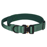 Outdoor combat green tactical pet collar laying flat to display its wide, windpipe-protecting structural design and impact-resistant adjustable hardware components.