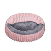 Petal Blush pink fluffy round pet bed with an attached hooded blanket cave.
