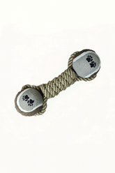 An indestructible teeth cleaning pet chew toy measuring 21cm in length, displaying its tightly twisted natural linen rope core connected to two textured rubber tennis-style balls for dogs and cats.
