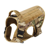 A high-performance tactical dog vest in olive green featuring adjustable straps, quick-release buckles, and Molle attachment points for training and service work.
