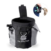 A grey multi-functional dog training treat pouch with an adjustable waist belt, waste bag dispenser, and accessory D-ring.