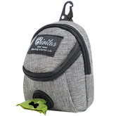 A slate grey portable dog training treat pouch with a waist strap and an integrated waste bag dispenser for outdoor pet rewards.