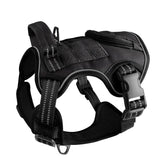 A high-strength black tactical dog harness and leash set designed for large dogs with explosion-proof tension control.