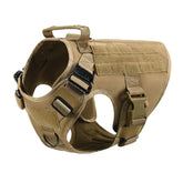 A heavy-duty coyote brown tactical dog harness with Molle pouches and an adjustable military-grade vest for medium to large breeds.