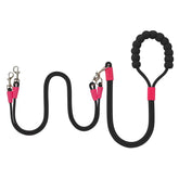 Black hands-free double dog leash with 360° swivel clips and padded ergonomic handle – Pawzation