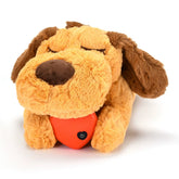 A golden honey-colored plush puppy toy designed for anxiety relief with a realistic heartbeat simulator to help pets sleep.