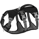 A black reflective dog harness featuring a reinforced lifting handle and padded chest for small to large breeds.