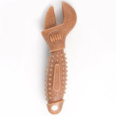 A heavy-duty wrench-shaped wood plastic composite dog molar stick chew toy displaying its texturized dental ridges for teeth cleaning.