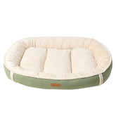 Sage Meadow green suede velvet dog mat featuring a raised spinal support pillow.