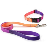 A high-density nylon pet collar and matching leash set displaying a Sunset Horizon gradient color fade from orange to pink and purple, featuring a black quick-release buckle and silver metal hardware.