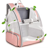 Pink ventilated pet hiking backpack with 360° mesh panels for cats and small dogs