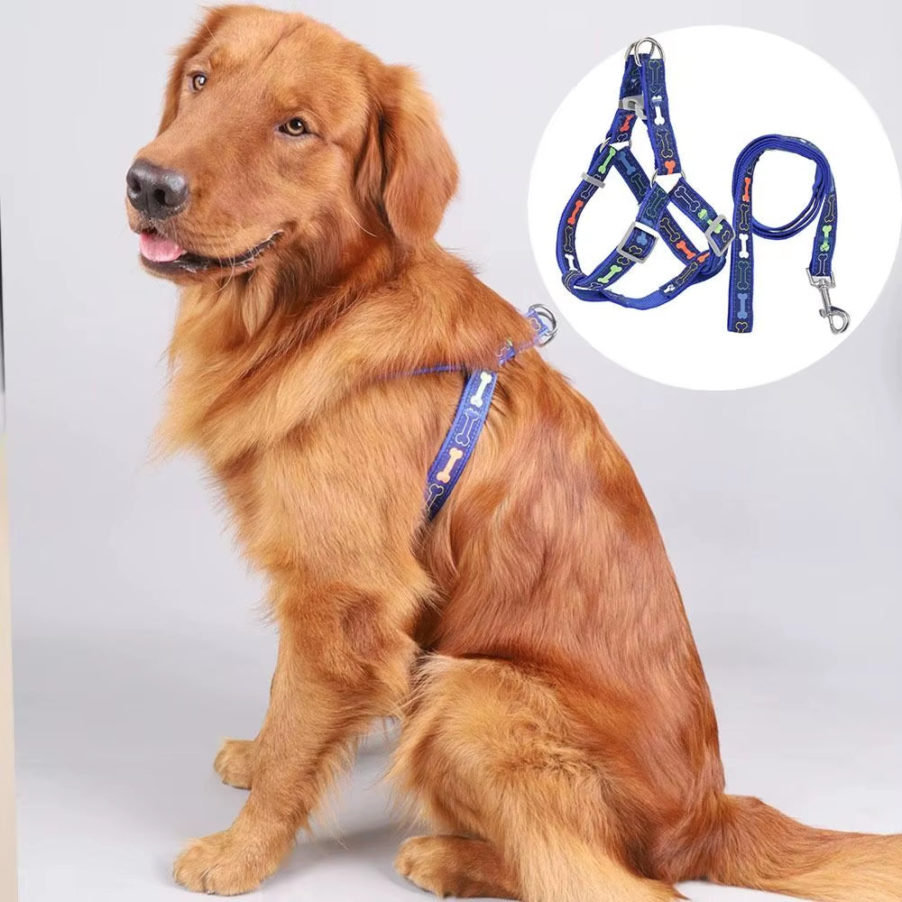 Adjustable Colorful Bone Dog Harness Vest Anti-Breakaway Wear-Resistant Dog Chest Harness with Rope Polyester