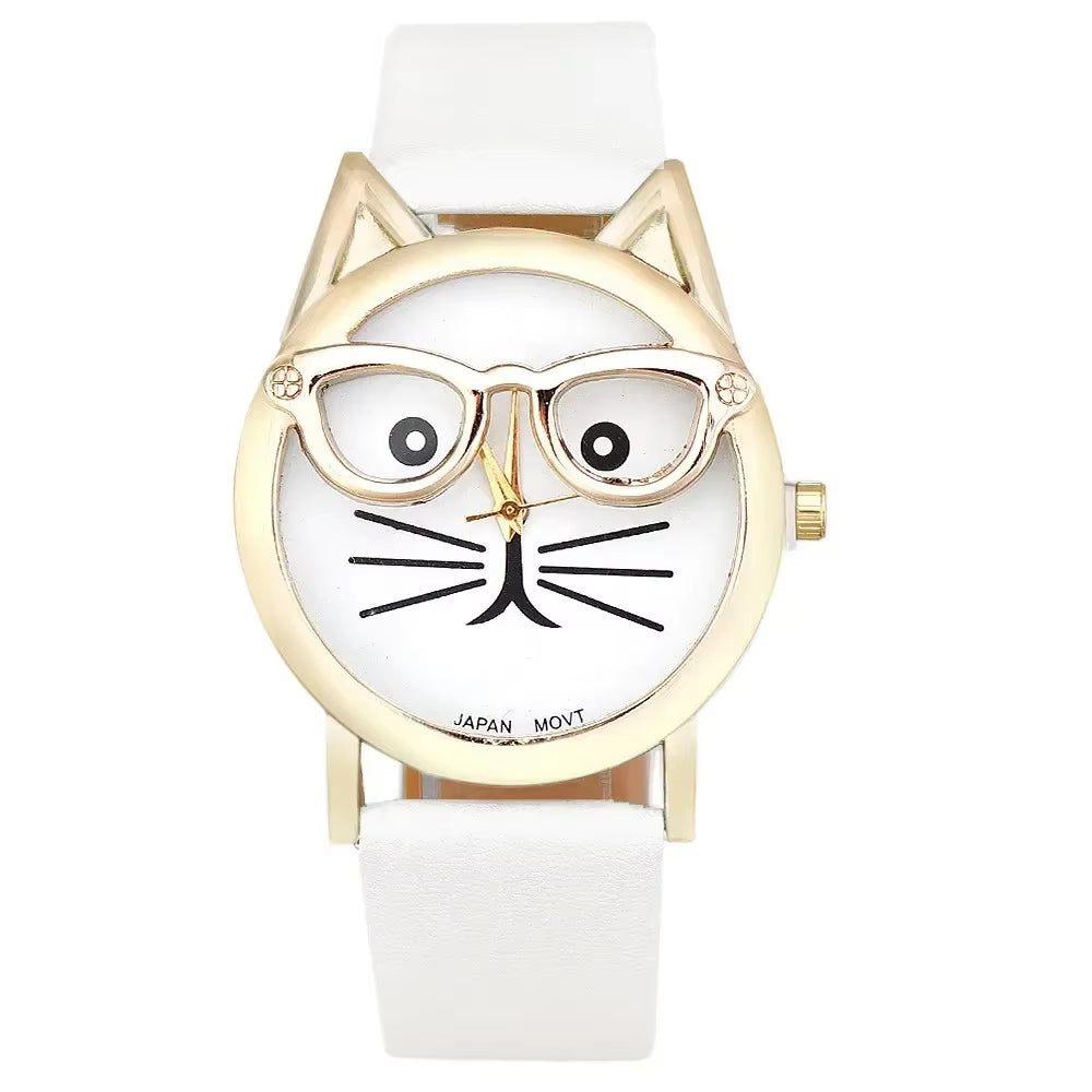 Cute Cat Face Quartz Watch – Women’s Faux Leather Band Wristwatch with Glasses Design