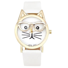 Cute Cat Face Quartz Watch – Women’s Faux Leather Band Wristwatch with Glasses Design