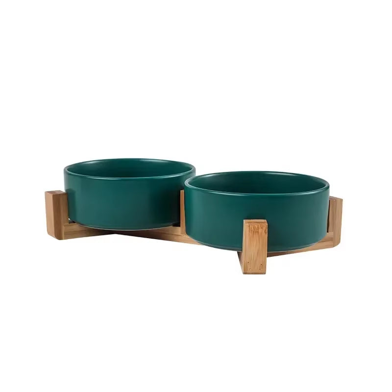 Ceramic Elevated Pet Bowl - Ergonomic Wooden Rack for Cats & Dogs