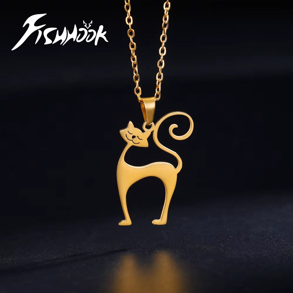 Elegant Cat Pendant Necklace - Gold Stainless Steel Jewelry for Women, Men, Couples, and Children