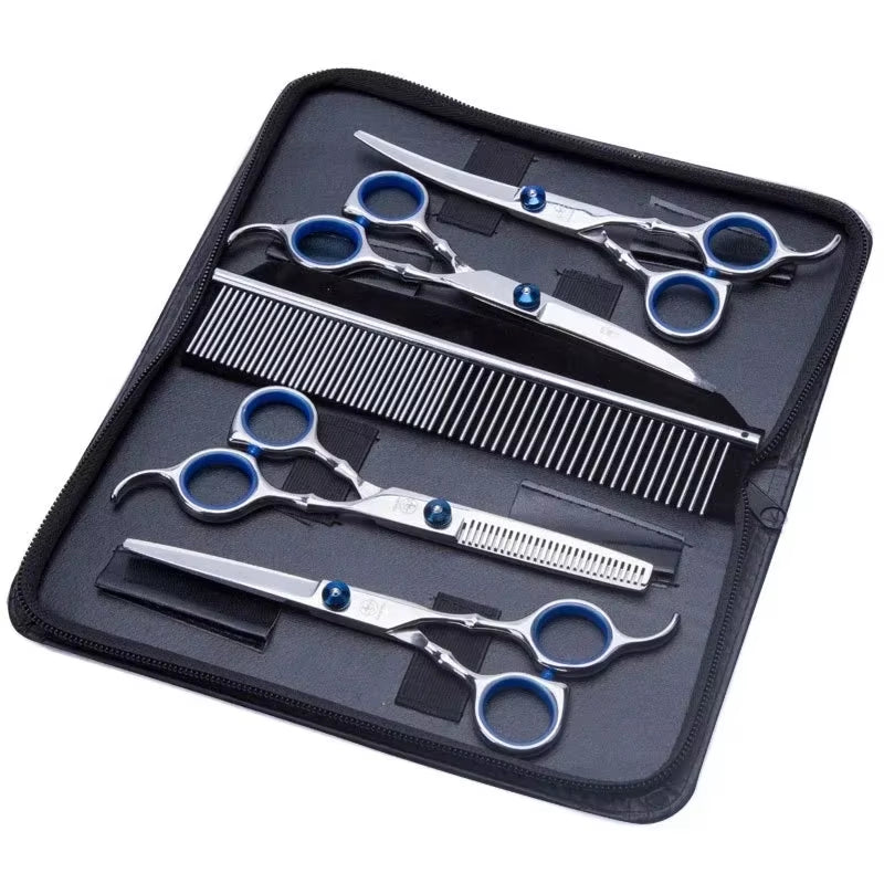 Professional Dog Grooming Scissors Set – 6 Inch Stainless Steel Pet Hair Cutting Kit with Thinning, Straight & Curved Shears + Comb