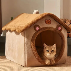 Foldable Plush Pet House – Cozy Winter Cave Bed for Cats & Small Dogs, Removable & Washable