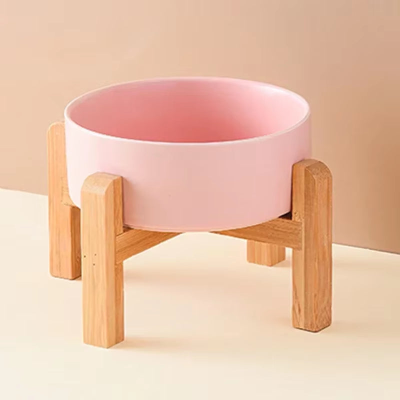 850ml Double Ceramic Elevated Pet Bowl - Ergonomic Wooden Feeding Station