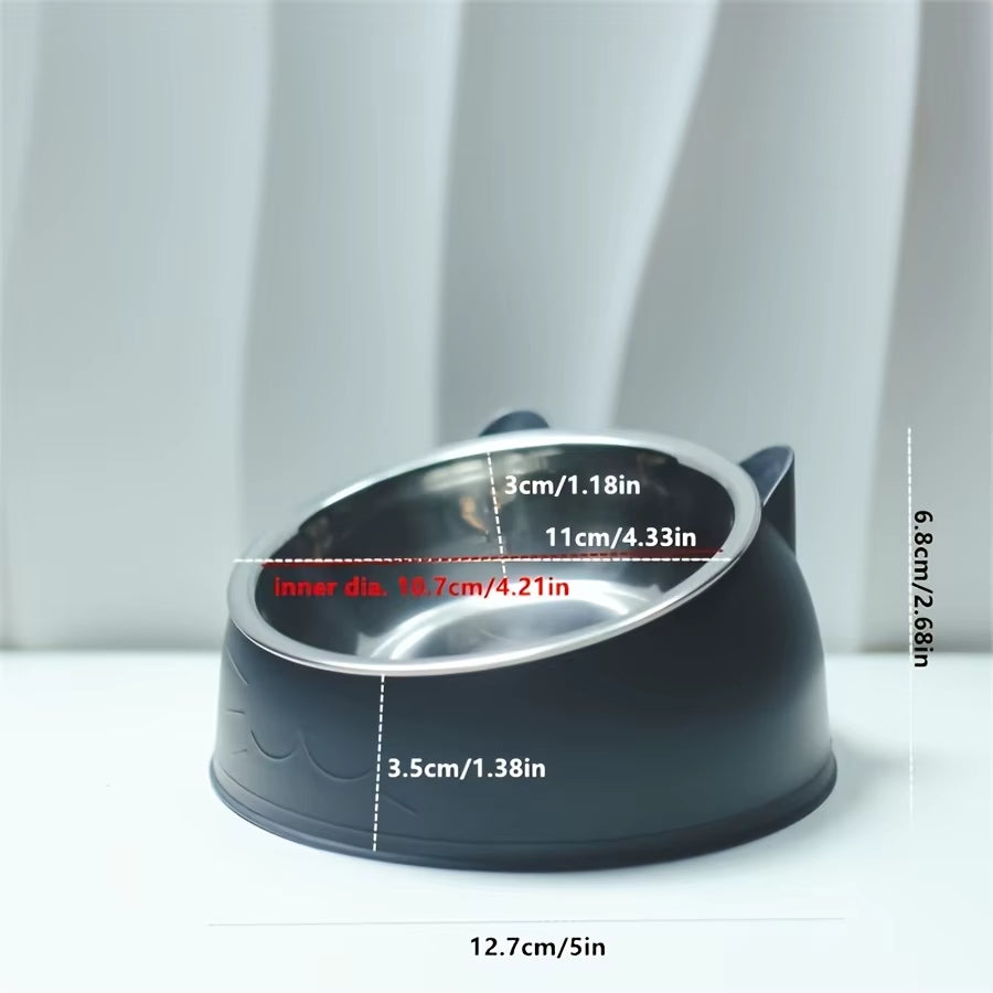 1Pc Elevated Stainless Steel Cat Bowl, Inclined Food & Water Dish with Cute Ear Stand, Neck Protection Design for Cats
