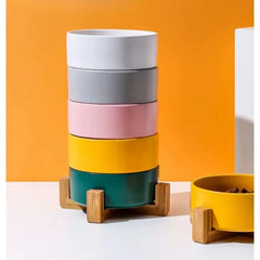 Ceramic Elevated Pet Bowl - Ergonomic Wooden Rack for Cats & Dogs