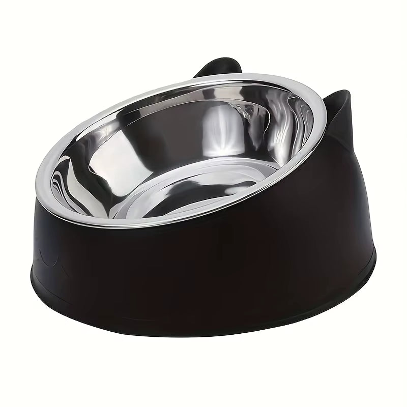 1Pc Elevated Stainless Steel Cat Bowl, Inclined Food & Water Dish with Cute Ear Stand, Neck Protection Design for Cats