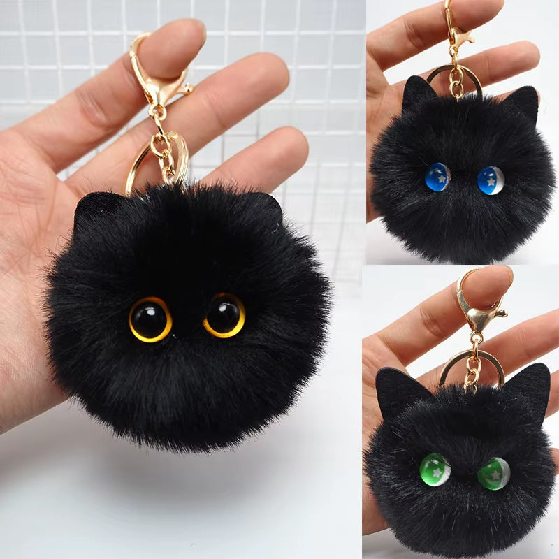 Black Cat Plush Keychain - Cartoon White Kitty Pendant for Women, Girls, and Kids Gift Ornament