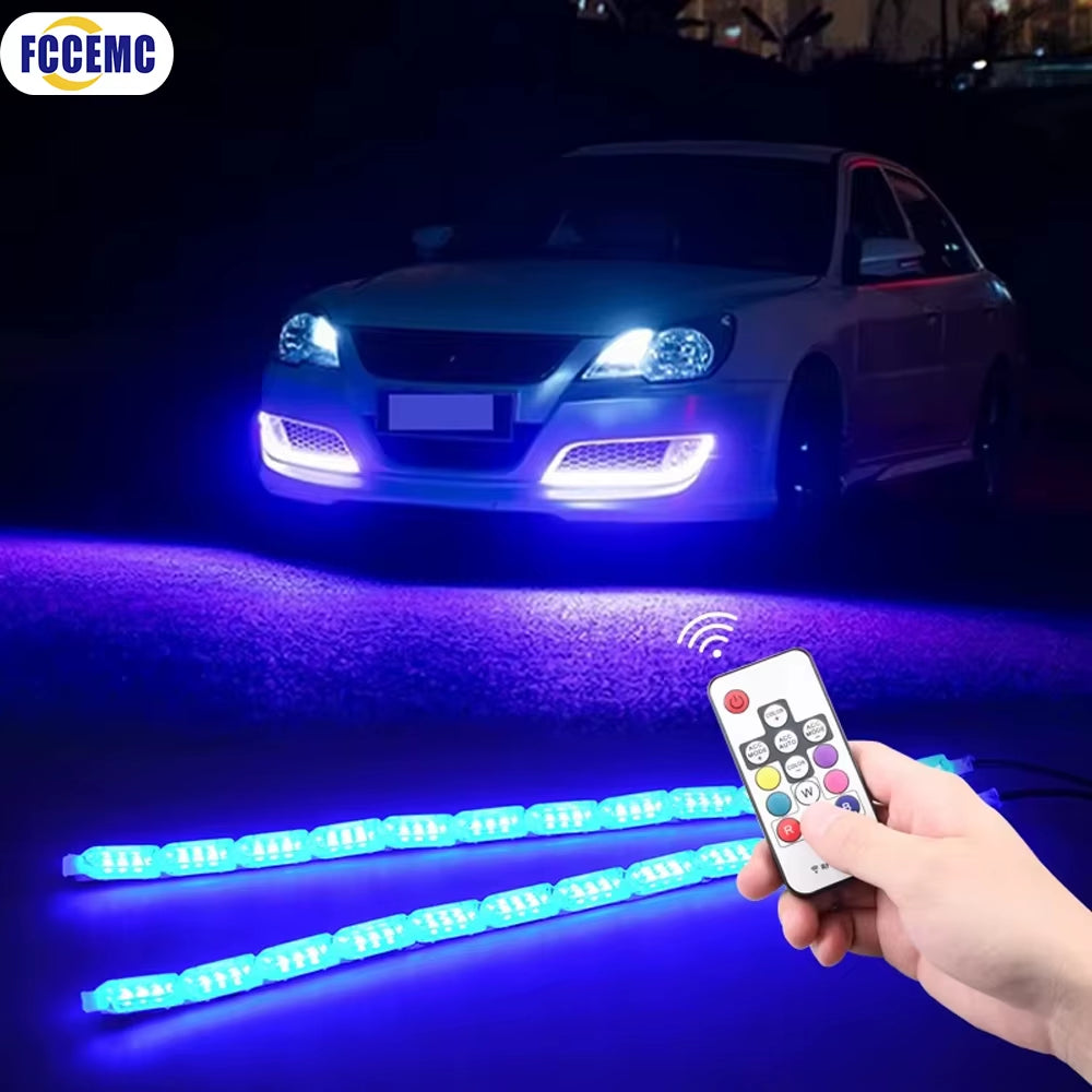 2-Piece RGB LED Daytime Running Light Strip with Remote Control, Flexible Waterproof Headlight and Turn Signal Yellow Lamp, 12V