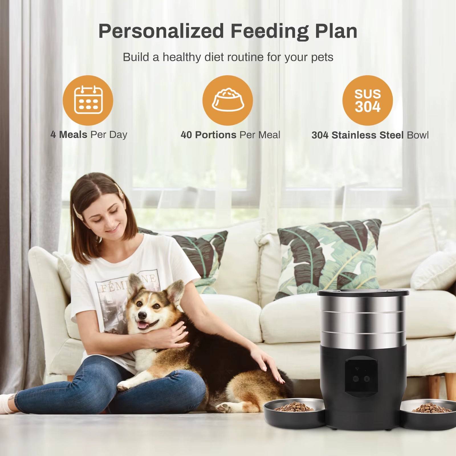 4.5L Button Wifi Automatic Cat Feeder Includes Two Stainless Steel Bowls Smart Pet Cat and Dogs Food Dispenser Feeder Pet Feeder