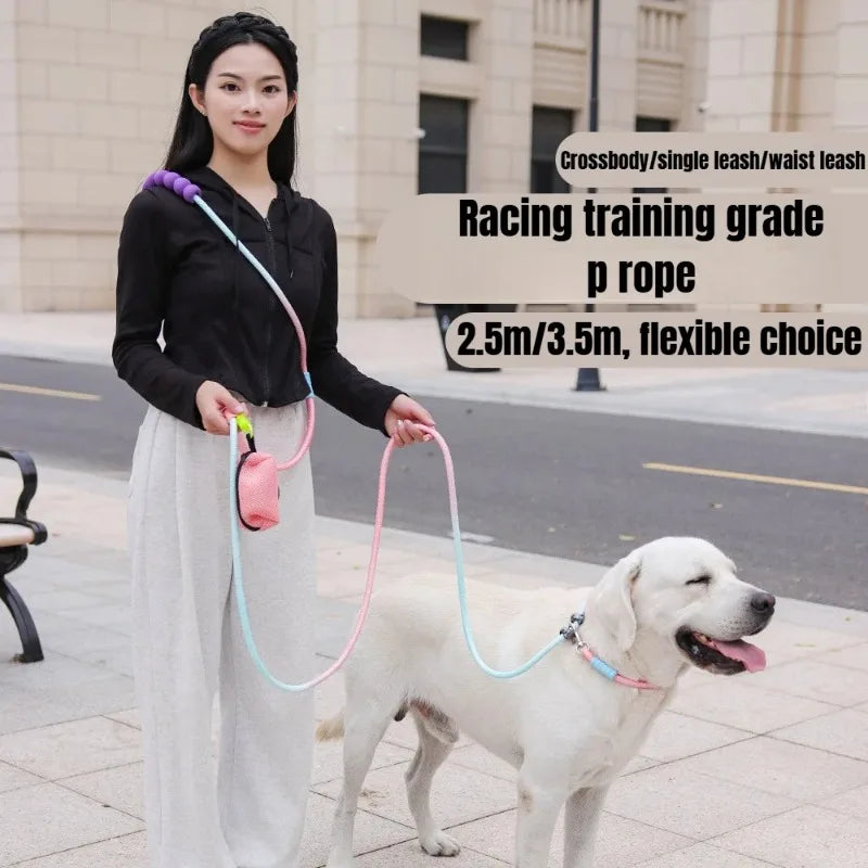 Hands-Free Crossbody Dog Leash with Poop Bag Holder - Reflective Elastic Buffer Shock-Absorbing Traction Rope and Dog Waste Bag Case Set for Small & Medium Breeds