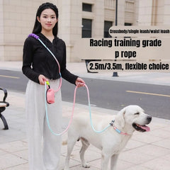 Hands-Free Crossbody Dog Leash with Poop Bag Holder - Reflective Elastic Buffer Shock-Absorbing Traction Rope and Dog Waste Bag Case Set for Small & Medium Breeds