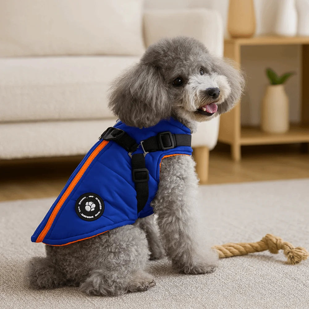 Pawzation Adjustable Winter Puffer Jacket – Thickened Waterproof Pet Coat with Integrated Harness for Dogs & Cats